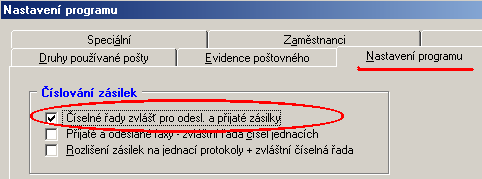 Nastavení číslování zásilek Program vám umožňuje nastavení několik způsobů číslování zásilek: Každý rok začíná nové číslování od čísla 1.