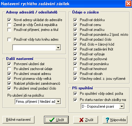 Nastavení rychlého zadávání S pomocí tohoto nastavení si můžete výrazně zrychlit práci při rychlém zadávání zásilek. 1. V rychlém zadávání si klikněte na tlačítko "Nastavení..." ( vpravo dole ) 2.