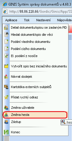 je pro nového účastníka systému rovno jeho uživatelskému jménu. Po prvním přihlášení do systému je povinností každého uživatele spisové služby si změnit své přihlašovací heslo.