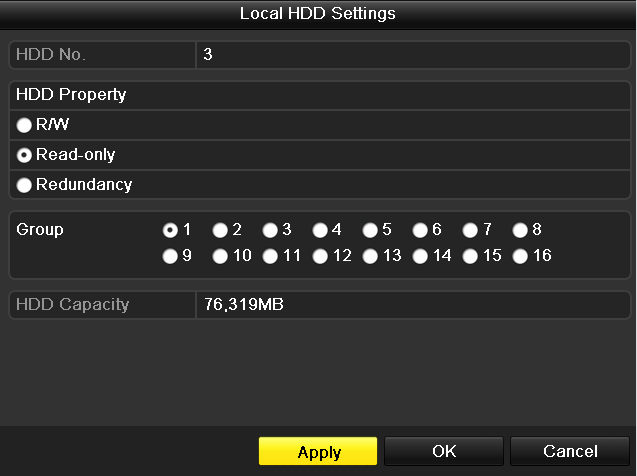 Obr. 5.39 Upozornění na odemknutí Ochrana souboru nastavením vlastností HDD na pouze pro čtení - Read-only Kroky: 1. Vstupte do rozhraní nastavení HDD. Menu> HDD Obr. 5.40 HDD všeobecně 2.