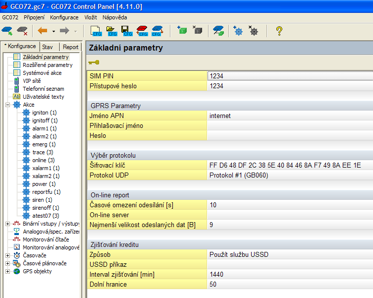 2.1.2 Základní parametry V této sekci je nutné vypnit především PIN kód korespondující s kódem nastaveným na SIM kartě v jednotce, tento nastavujeme pro jednoduchost stejný i jako přístupové heslo