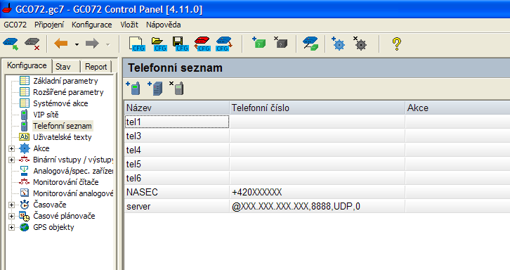 Ilustrace 6: CP - Telefoní seznam Zdroj: program Control panel 2.1.7 Akce Zde definujeme veškeré chování jednotky, ať už reakce na zmněněné vstupní stavy, nebo informace o poruchách.