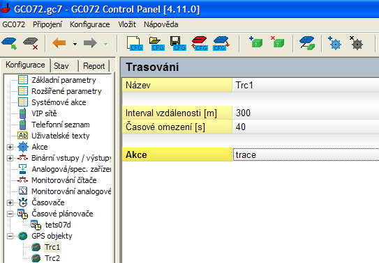 2.1.11 GPS Objekty Poslední záložkou programu jsou GPS objekty. Zde nastavujeme, jak často má vozidlo odesílat informace o poloze online(trc2) a jak podrobné mají být záznamy v knize jízd(trc1).