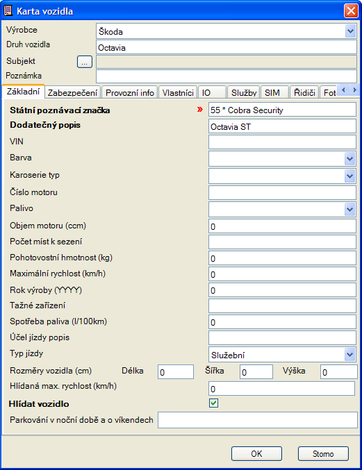 Ilustrace 25: NASEC Client - karta vozidla Zdroj: program NASEC Client V kartě musí být vyplněn název vozu a SPZ, další informace popisující vůz jsou pouze