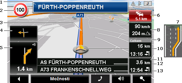 1 Zde se zobrazuje, jakým značením se máte řídit. 2 Zde se zobrazují příp. rychlostní omezení. 3 Trasa je vyznačena v oranžové barvě.