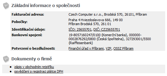 zveřejňují např. fakturační adresu, adresu kamenných provozoven společnosti (poboček), IČO a DIČ.