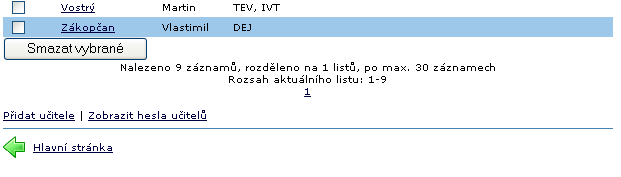 Učitelé - nastavení Pro správu učitelů klepněte v hlavní nabídce na položku Administrace a poté na položku Učitelé. Zobrazí se seznam učitelů, zadaných v systému.