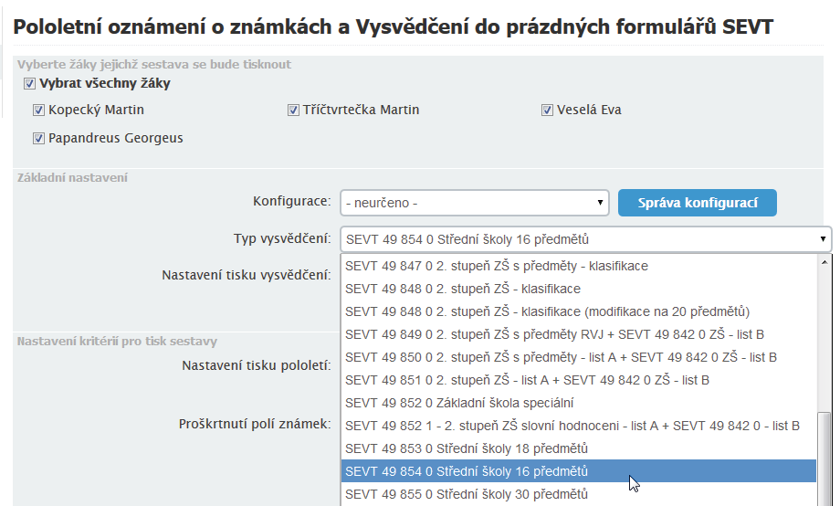 3. Využití předchystané konfigurace vysvědčení Jak již víte, o pořadí předmětů se nemusíte starat, systém je přidělí (a do formuláře vysvědčení) napozicuje sám.