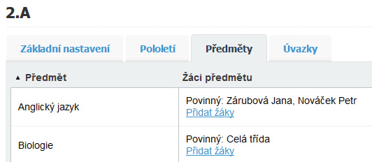 Přidání předmětu žákům: Klepnutím na odkaz Přidat žáky se zpřístupní dialogový panel, pomocí kterého lze žákům dané kmenové třídy přiřadit předmět.