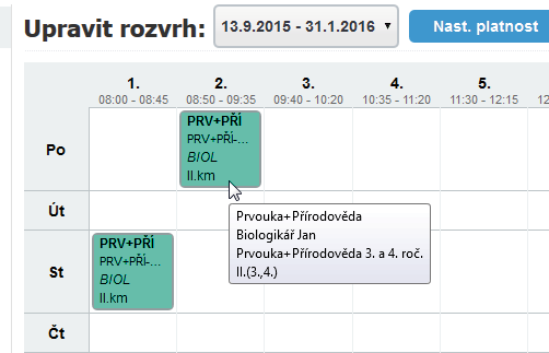 4. Takto vytvořený úvazek pro spojenou výuku dvou předmětů vyprodukuje úvazkový lístek(ky) pro rozvrh. V tomto případě to budou 2 lístky, které po nasazení do rozvrhu mohou vypadat např.