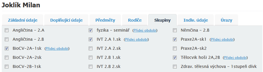 Pole kontaktních údajů: Za bližší zmínku stojí pole Mobilní telefon a zejména E-mail (jakožto nejčastěji využívané komunikační kanály). Tato pole má možnost editovat i samotný uživatel (např. žák).