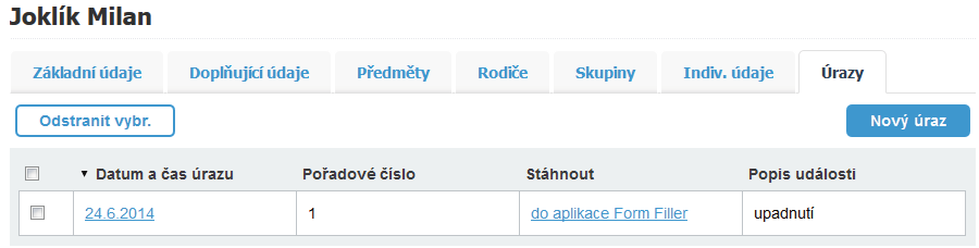 Záložka Úrazy Další praktický nástroj, umožňující záznam úrazů žáka.