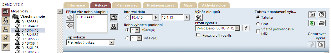 3) Vygenerování výkazu Souhrnný/Přehledový Zvolte požadovaný výkaz v záložce výkazy (1.) Vyberte spz nebo jméno řidiče a přesuňte je do pracovního okna výkazu pomocí ikony (2.