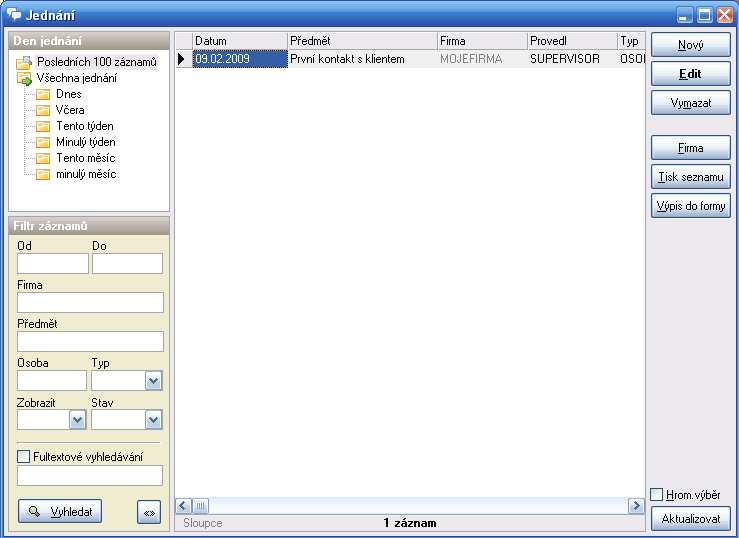 Číselníky Jednání Číselník jednání slouží k zobrazení a zápisu jednání vedených s klienty.