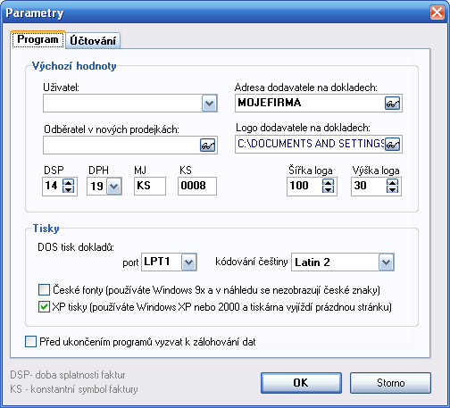 Nastavení Tato sekce programu je určena k úpravě základních parametrů programu, nastavení systémové tiskárny, vyplnění forem vydávaných dokladů a výběru aktuálního uživatele, skladu a závodu.