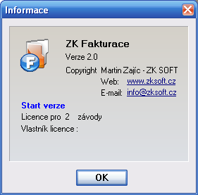 Informace Registrace programu Informace o programu Zde se zobrazují informace o autorovi a verzi programu a o zákazníkovi, kterému je program určen.