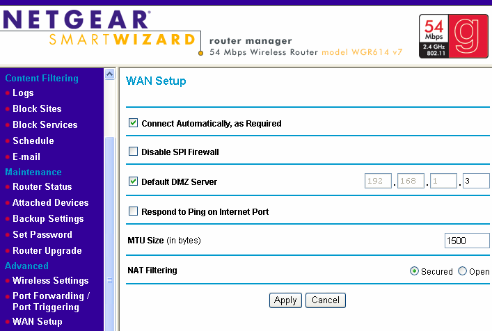 Netgear Router Nastavení DMZ Nastavení Virtual Server (Port Forwarding) 1.