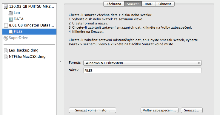 23 V rozbalovacím seznamu vyberte položku Windows NT Filesystem. Zadejte novou jmenovku svazku (nepodstatný parametr, který slouží pouze k účelům identifikace).