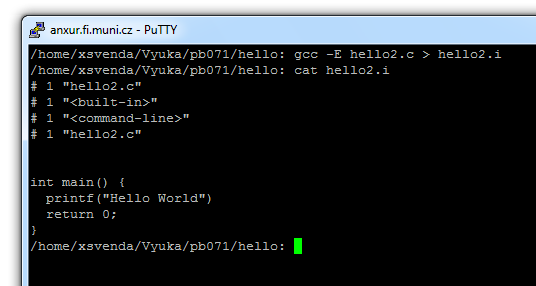 Překlad po částech - preprocessing 1. Preprocessing "gcc -E hello2.c > hello2.i" hello2.