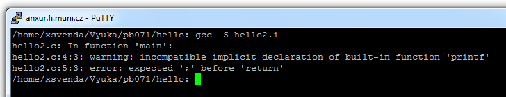 Překlad po částech - kompilace hello2.i 2. Kompilace "gcc -s hello2.i" # 1 "hello2.c" # 1 "<built-in>" # 1 "<command line>" # 1 "hello2.