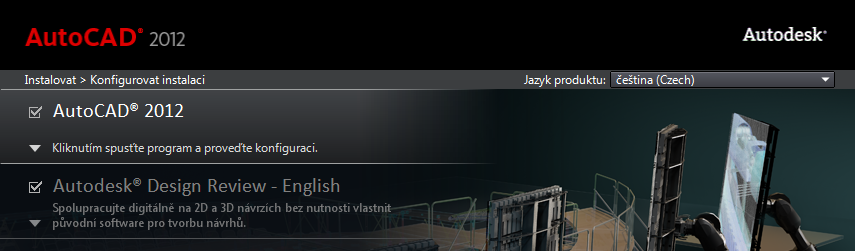 Kde mohu provést přizpůsobení instalace? Klikněte na pruh AutoCAD stránky Instalovat > Konfigurovat a zahájit instalaci. Zobrazí se oblast konfigurace.