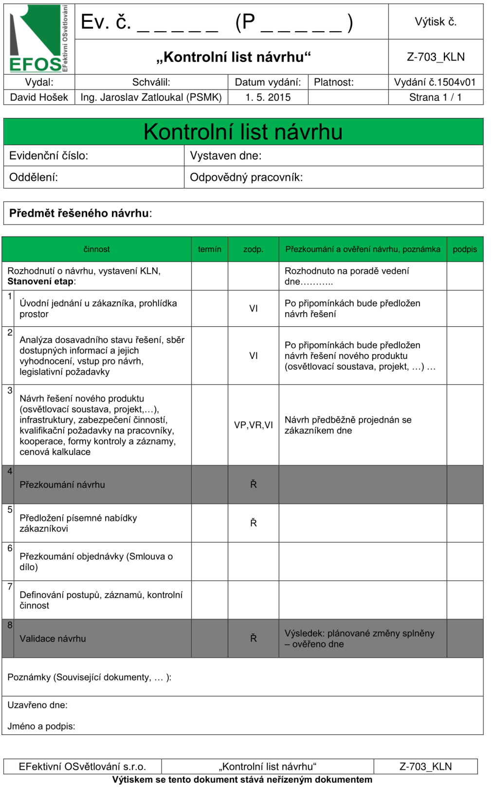 Kapitola 5 Vytvoření SMK dle požadavků ČSN EN ISO 9001:2009 7) Validace prototypu (produktu) Každá etapa má stanoven termín ukončení a osobu, která je pověřena její realizací.