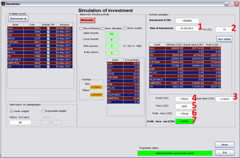 Popis funkcí programu Data update & Optimal portfolio Obrázek 6.9: Okno pro simulaci investice 2 Tax (%) - Daň z příjmů dle platné legislativy, o kterou bude zisk ponížen (v případě kladného).