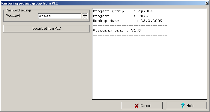 4. PLC operation The left field shows a tree of archived files. We can enter a random text into the right field to describe the archived project.