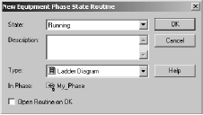 Kapitola 4 Programování stavové fáze zařízení Vytvoření fáze zařízení 1. Klepněte na Main Task (hlavní úloha) pravým tlačítkem myši a zvolte možnost New Equipment Phase (nová fáze zařízení). 2.