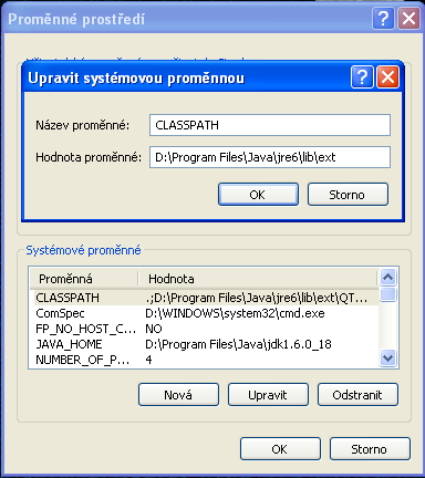 Poslední proměnná, již je třeba nastavit, je CLASSPATH. Tato proměnná bude pravděpodobně již definována.