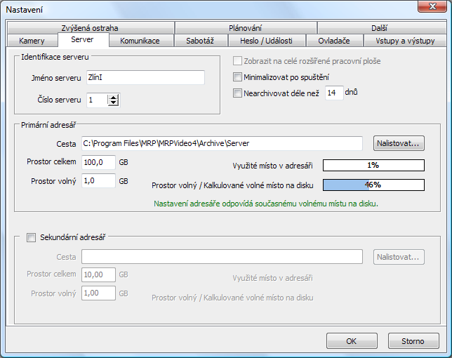 Video server 47 Obr. 4: Nastavení záložka Server zůstat bezpodmínečně volný, aby nedošlo k zaplnění celého disku.