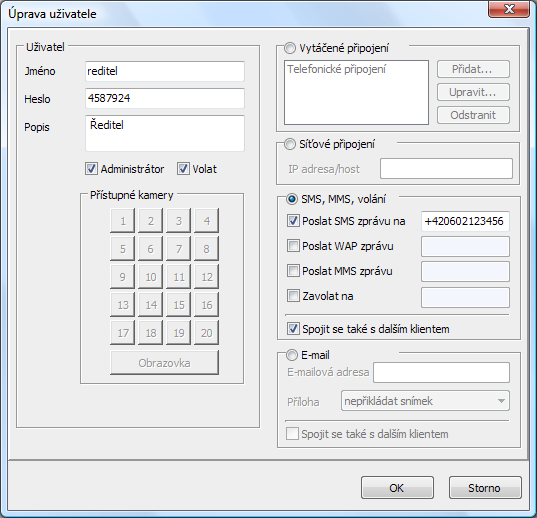 Video server 49 Obr. 6: Úprava uživatele Upozornění: Telefonní čísla v boxu SMS, MMS, volání zadávejte v mezinárodním formátu, např. +420602123456 (viz Obr. 6).