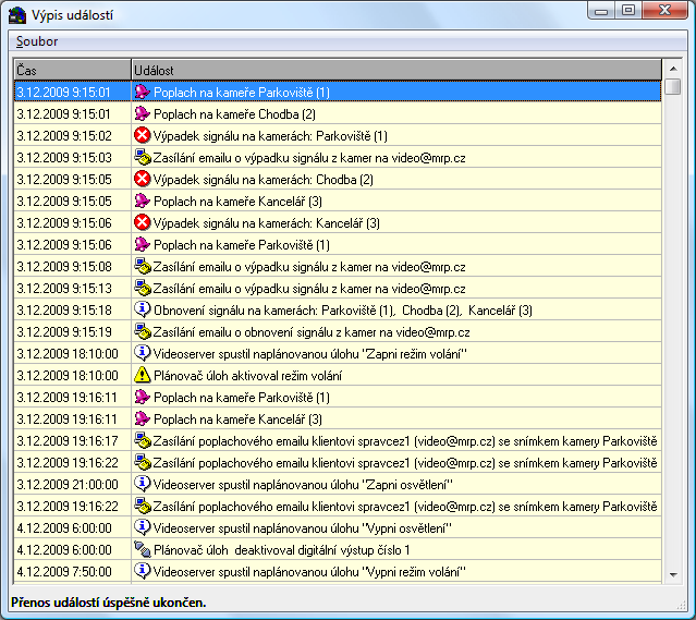 Video klient 85 Obr. 28: Výpis událostí 7.5.5 Přenos systémového logu Systémový log je textový soubor, zachycující informace o veškeré činnosti Video serveru do verze 4.30.