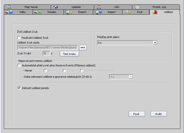 Setup Tool Událost NET-i viewer můžete nastavit tak, aby zněl zvuk události při událostech Alarm, Pohyb, Inteligentní analýza videa. 1. Ve stromu zobrazení vyberte [Systém]. 2.