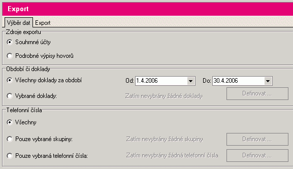 Export 4 69 Export Tento modul umožňuje export dat ve formátu definovaném uživatelem. Exportovaná data pak mohou být např. importována do jiných aplikací, např.