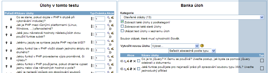 Obr. 17: Banka úloh s výběrem jejich typů Zdroj: http://vyuka.ebrana.cz/ Obr. 18: Naplnění banky úloh a jejich přidání do testu Zdroj: http://vyuka.ebrana.cz/ V subkategorii Školení před přijetím (obr.