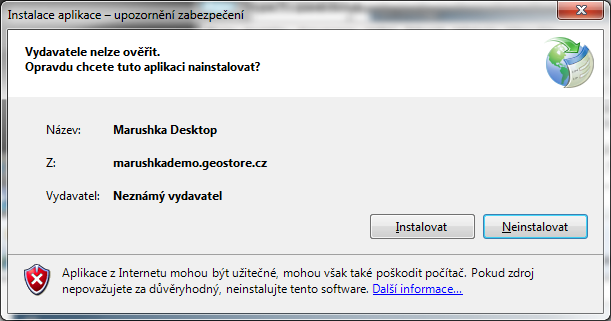 2 Instalace Instalaci aplikace, provádíme v prohlížeči Internet Explorer na adrese: http://marushkademo.geostore.cz/democlient//publish.