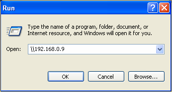 (START > Spustit > cmd) nebo do řádku pro adresu v prohlížeči Internet Explorer ve vašem PC (například IP adresa přehrávače je 192.168.0.9, napište prosím: \\192.168.0.9 nebo \\NAS), a klikněte OK nebo Enter tlačítko na klávesnici.