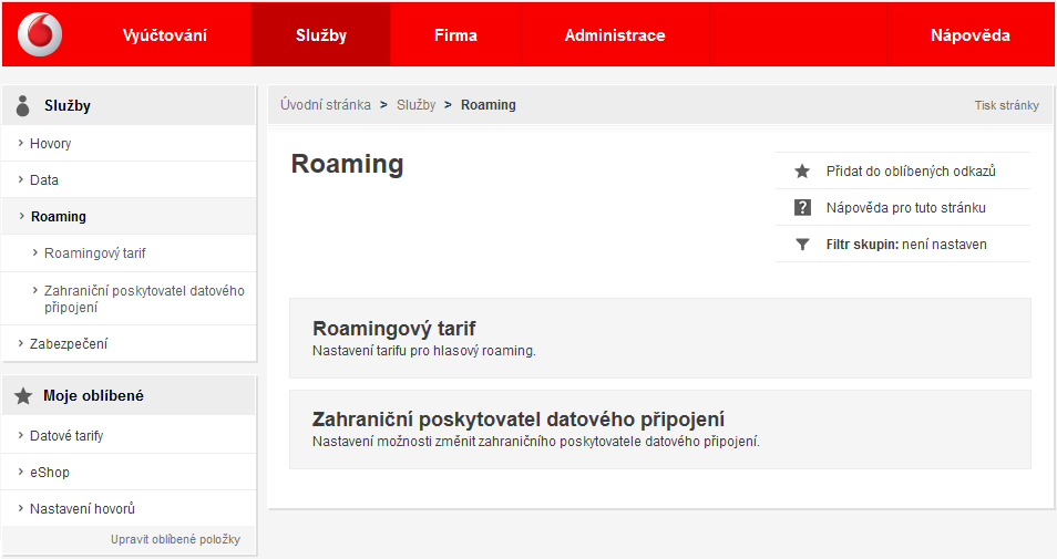 3.3 Roaming Tato kapitola popisuje, jak nastavovat funkce a služby spojené s roamingem. 150. Obrázek nabídky Roaming Obsahuje tyto služby: Roamingový tarif 3.3.1 Roamingový tarif Tato kapitola popisuje nastavení roamingových služeb pro využití mobilního telefonu v zahraničí.