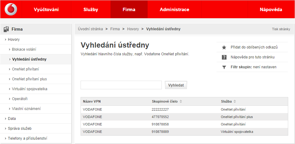 4.1.2 Vyhledání ústředny Tato kapitola popisuje, jak zobrazit rychlý přehled čísel použitých jako Skupinové číslo (Header Number) a typ skupinové služby, pro kterou je číslo použito.