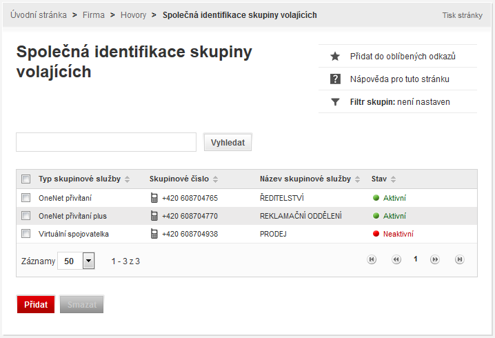 4.1.7.2 Editace a zrušení Společná identifikace skupiny volajících. 1. V menu Hovory v záložce Firma klikněte na Společná identifikace skupiny volajících.