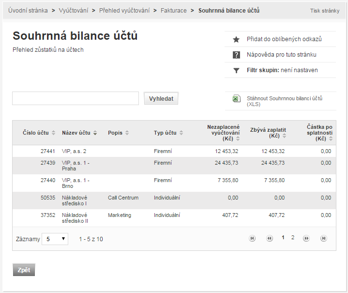 15. Obrázek Fakturace stažení faktury Otevře se okno pro stahování souborů, soubor stáhnete standardním způsobem. 2.1.3 Souhrnná balance účtů Souhrnná balance účtů zobrazuje přehled jednotlivých účtů a jejich zůstatky.