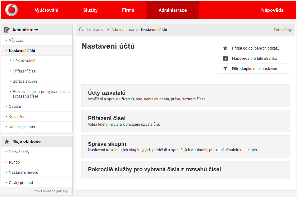 5.2 Nastavení účtu Nastavení účtu je skupina nabídek, která poskytuje přístup k nastavení účtů k správě či prohlížení firemního adresáře a pro případ potřeby pohled na telefonní čísla, která dosud