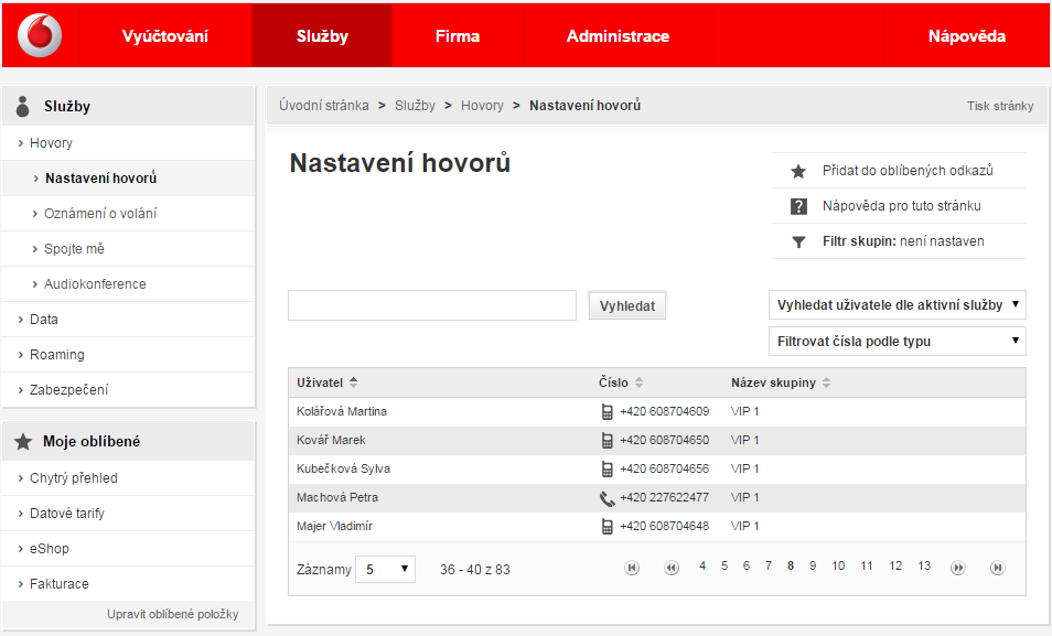 3. Služby V části Služby je možné: nastavit parametry služeb pro hovory nastavit parametry datových služeb nastavit služby MMS, Premium SMS blokovat SIM duplikát SIM karty zobrazit kódy PIN a PUK 3.