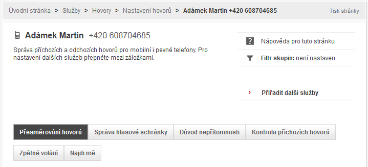 44. Obrázek Nastavení hovorů 2. Klikněte na požadované číslo. Zobrazí se stránka se záložkami služeb, které je možné nastavovat. Pozn.