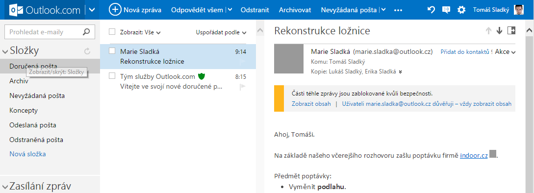 4 Pošta Outlook.com 18 V sekci ČTENÍ E-MAILU: Podokno čtení: V poli Kde se má podokno čtení zobrazit vybereme volbu Vpravo.