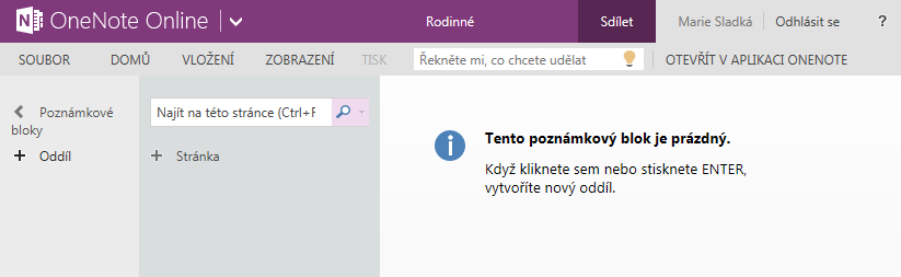 9 OneNote Online 56 Kontejner Seznam Stránka má svůj nadpis, který se promítá do záložky karet stránky. V rámci stránky jsou umístěny kontejnery.