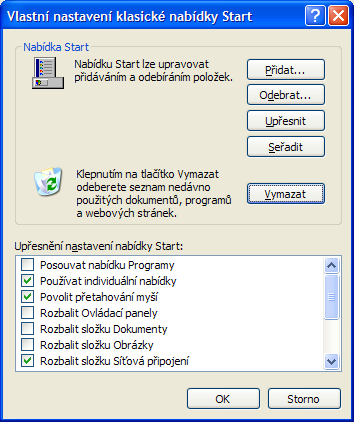 Operační systém Windows XP Ve vybraném zobrazení je vždy aktivní tlačítko Vlastní.