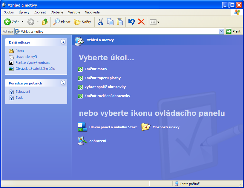 Operační systém Windows XP jakýkoliv objekt a vybrání položky Vlastnosti. Možnosti nastavení v tomto dialogovém okně byly probrány v předchozí kapitole. Praktická úloha Vzhled a motivy 1.