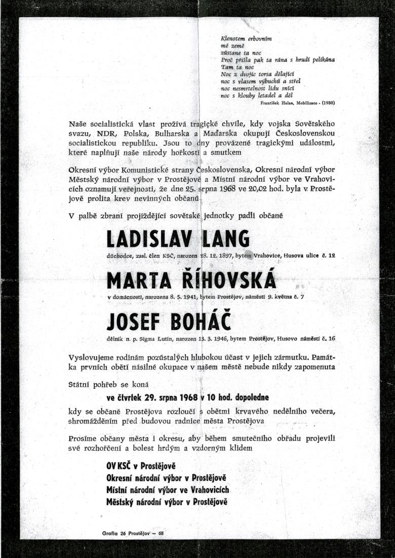 1968 PARTE OBĚTEM 25. SRPNA 1968 Praha Datace: 1968 Inventární číslo: H8d-227_08 Parte obětem divoké střelby Sovětů, ke které došlo 25. srpna 1968 v Prostějově.